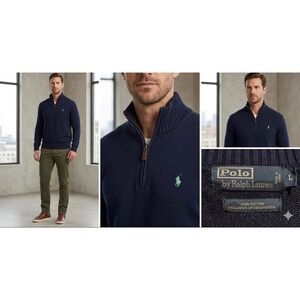 Polo Ralph Lauren Men's Navy Blue Cotton Quarter Zip Sweater Leather Pull Sz L